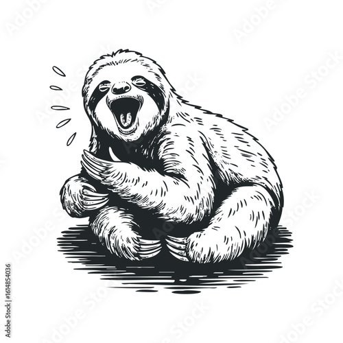 Joyful Sloth with Open Mouth Sits and Laughter Emanates. Hand drawn vector illustration