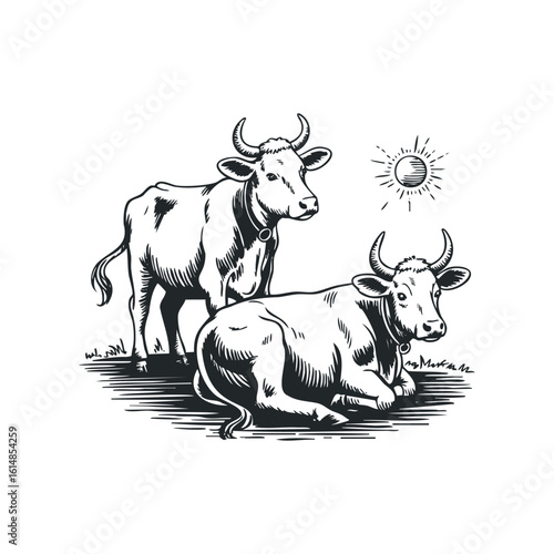 Two Cows Resting in Grassy Field under Sun Drawn with Engraving Style. Hand drawn vector illustration