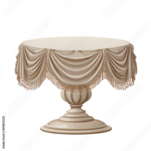 Satin-draped beige round cake table with flat top design, isolated on transparent background