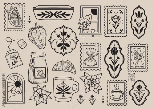 black and white hand drawn isolated graphic design elements and clip art on white background
