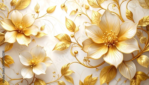 Fototapeta Naklejka Na Ścianę i Meble -  Elegant gold and white floral design with 3D textured flowers and leaves on a marble background