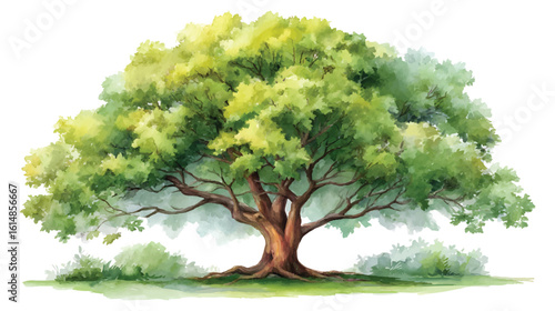 Wide angle watercolor painting of a large oak tree with lush green foliage nature