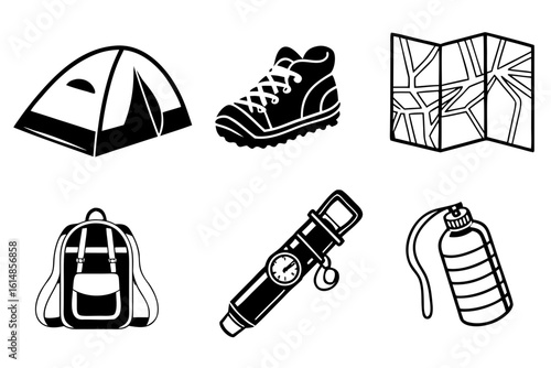 Camping Gear Icons Tent Backpack Boots Map Compass Water Bottle.