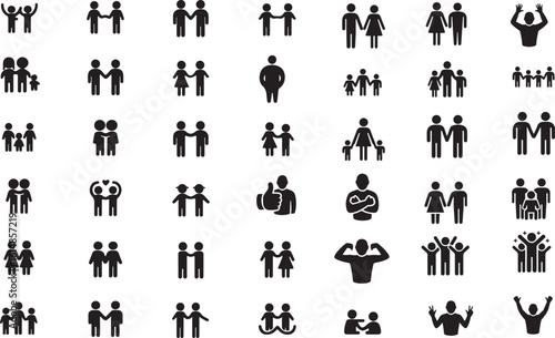 Diverse Silhouette Pictograms Representing Relationships, Family, Body Positivity, Success and Various Social Interactions for Visual Communication and Symbolism in Design