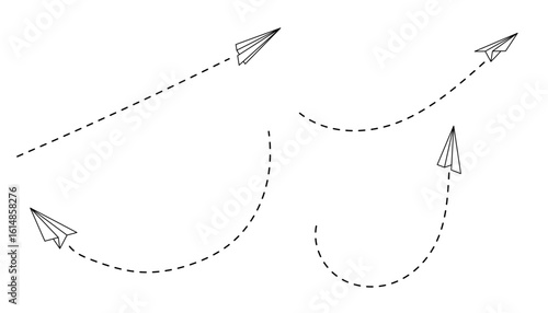 Paper plane flies with a line path for air flight or email travel by vector. Outline of aeroplane or toy jet shown with trail, craft detail, and clear track.