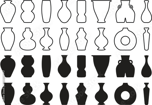 Vase silhouette icon set flat and outline styles, collection of black pottery, ceramic vessel shapes, decorative flower vase vectors illustrations for home decoration, antique art or designs elements.