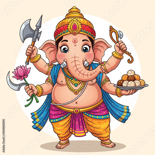 Colorful Vector Illustration of Lord Ganesha with Traditional Attributes