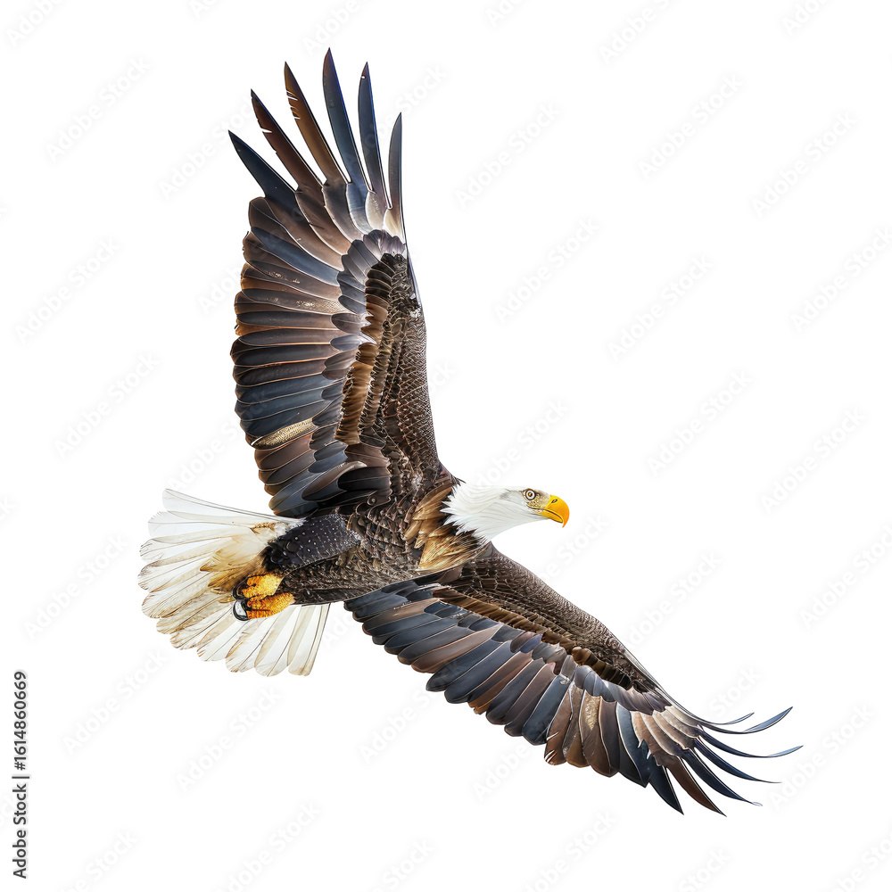 Obraz premium Bald eagle in flight against a black background. Detailed plumage, wide wings, powerful stance