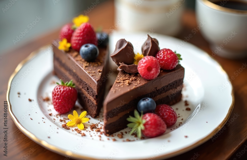 Two rich chocolate cake slices adorned with fresh strawberries, blueberries, served with cup of coffee. Indulgent dessert features layers of moist chocolate cake, creamy filling, perfect for decadent Two rich chocolate cake slices adorned with fresh strawberries, blueberries, served with cup of coffee. Indulgent dessert features layers of moist chocolate cake, creamy filling, perfect for decadent