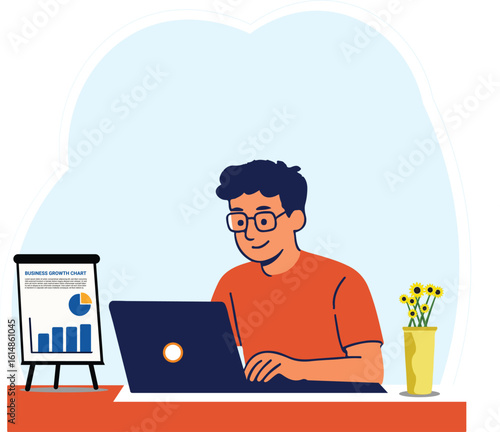 Illustration of person working in tidy modern office