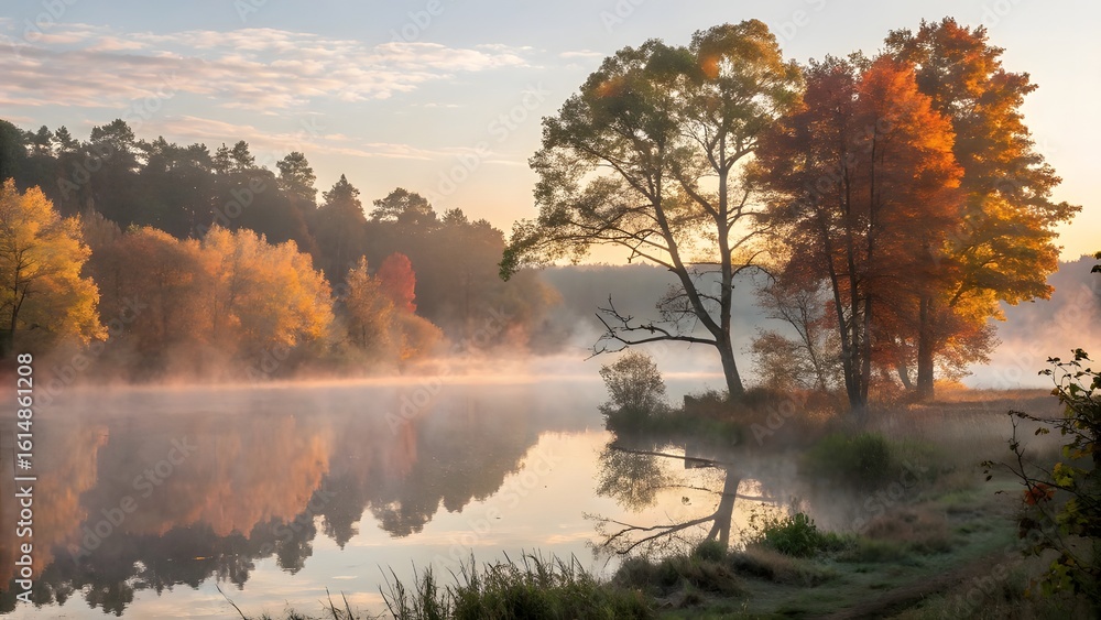 Fototapeta premium Autumnal Serenity Misty Lake Reflection at Dawn with Trees in Fall Colors