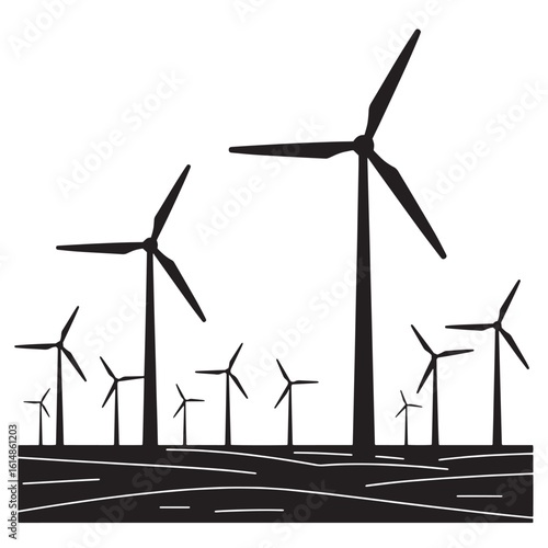 Black and white illustration of wind turbines on a grassy land generating clean energy