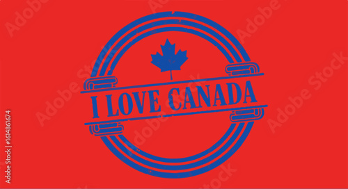 A blue "I Love Canada" rubber stamp graphic on a red background, featuring a maple leaf. This is ideal for Canada Day celebrations, patriotic designs, and souvenir branding.