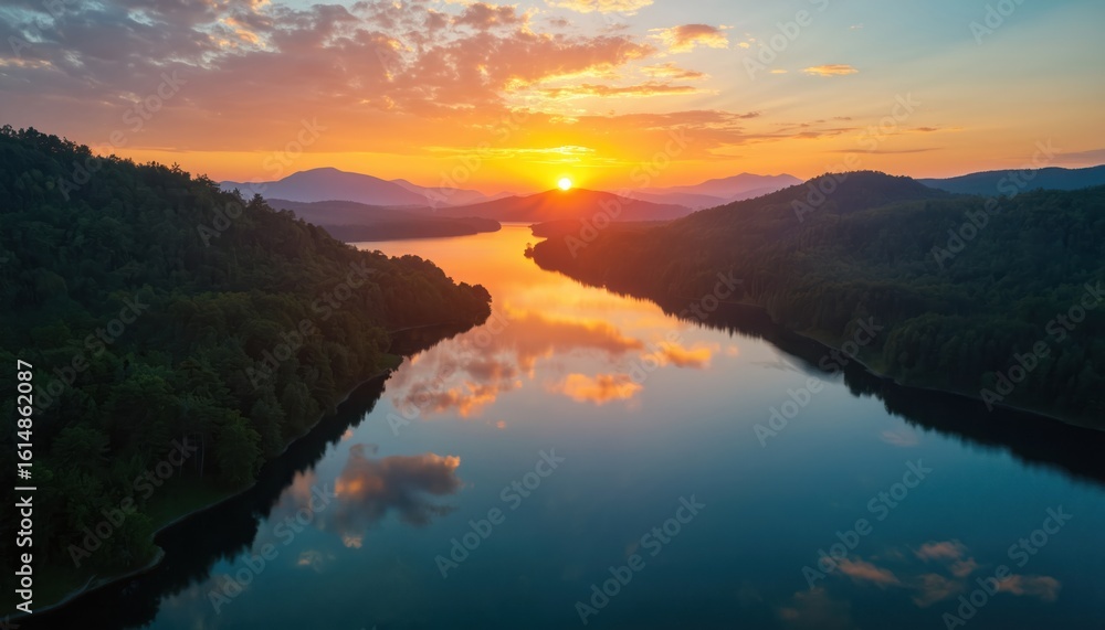 Fototapeta premium Aerial view of calm lake at sunset. Sun dips below mountains, casting orange glow on sky and water. Lush green forests line shores. Clouds reflect on water surface, creating vibrant, tranquil scene.