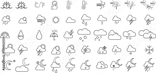 Weather vector icon set.The set contains icons: Sun, Moon, Cloud, Winter, Summer, Rain, Snow, Blizzard, Umbrella, Snowflake, Sunrise, Wind.For Website And Application Design