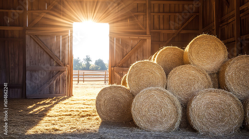 Hay bales stacked inside a rustic barn with sunbeams streaming through the open doorway leading to a pasture.
