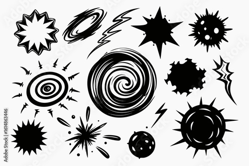 Dynamic comic book style explosion and abstract shapes collection perfect for graphic design projects and adding impactful visual flair to any creative endeavor
