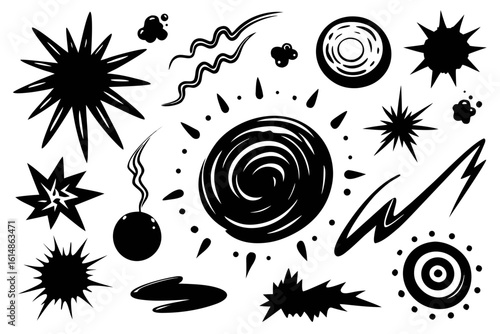Dynamic collection of abstract black shapes, bursts, and sun-like elements perfect for adding energetic flair to designs and creating impactful visual narratives for modern brands