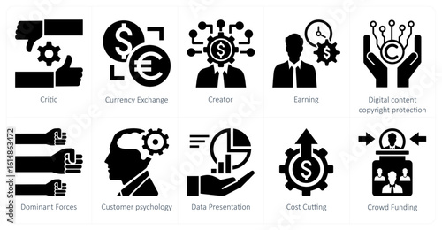 A set of 10 mix icons as critic, currency exchange, creator