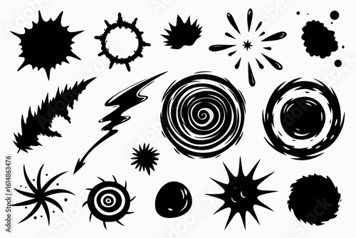 Dynamic black abstract shapes and effects collection perfect for adding energetic visual flair to designs, conveying motion, impact, and abstract concepts with bold, striking silhouettes.