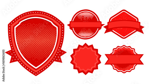 Set of four retro red blank badge shapes with glossy texture, halftone effect, isolated on white background, vector style