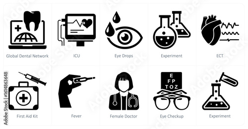A set of 10 mix icons as global dental network, icu, eye drops