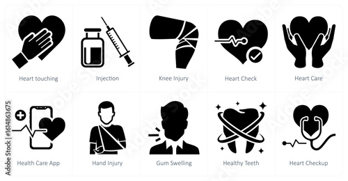 A set of 10 mix icons as heart touching, injection, knee injury