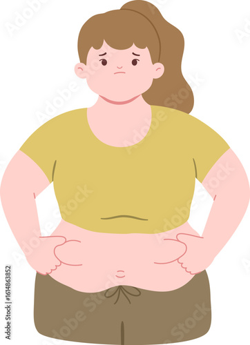 Plus size woman holding belly fat, unhappy with body shape