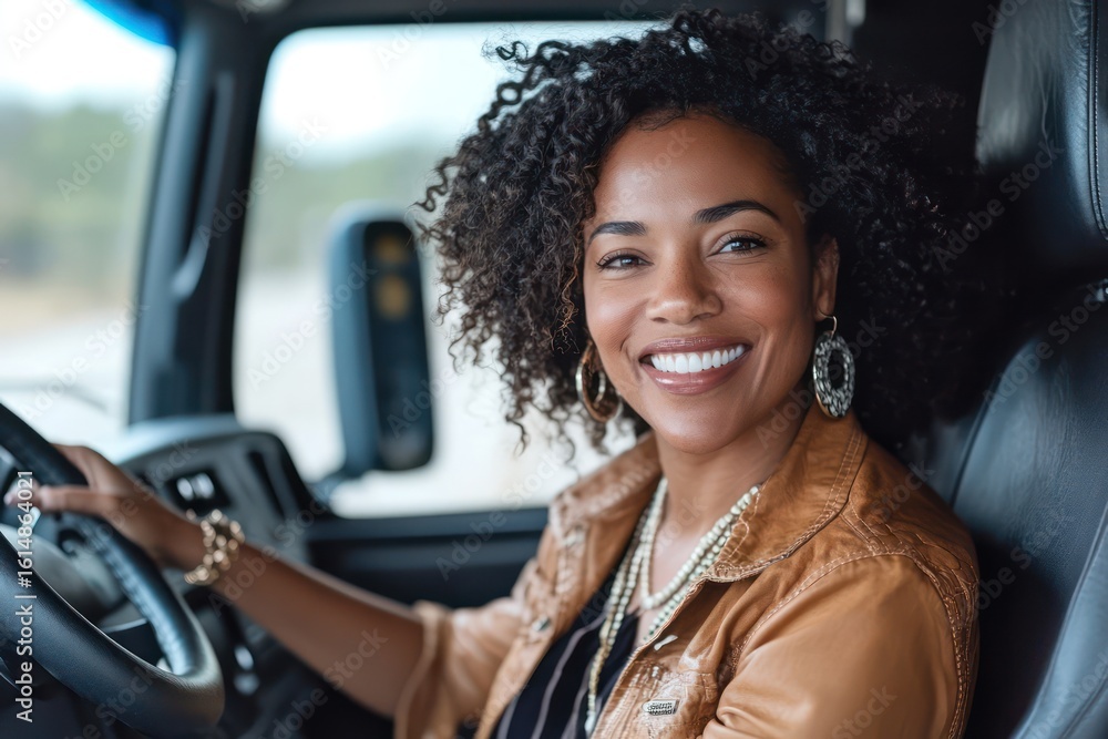 Confident female truck driver in modern cab Confident female truck driver in modern cab