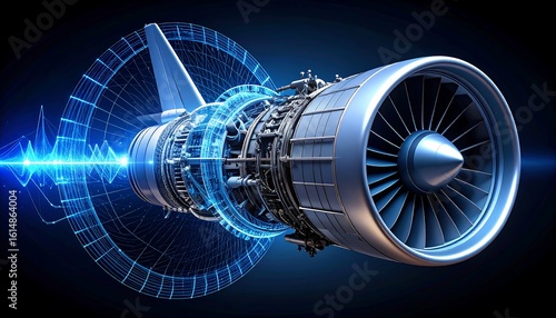 Detailed 3D rendering of a turbofan jet engine,  its internal components visible