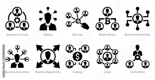 A set of 10 mix icons as allocation of funds, abilities, add user