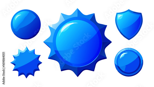 Set of shiny blue promotional badge shapes with smooth plastic texture, various abstract spiked and rounded forms, isolated on white background