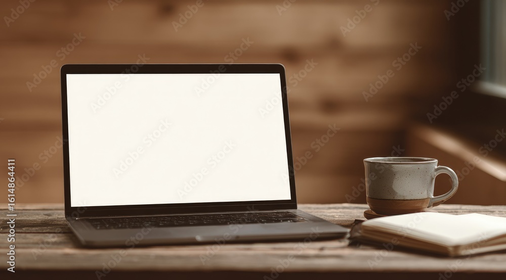 Laptop with blank screen sits on rustic wooden table next to a coffee mug and notebook. Warm, muted tones create a cozy workspace feel Laptop with blank screen sits on rustic wooden table next to a coffee mug and notebook. Warm, muted tones create a cozy workspace feel