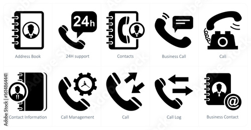 A set of 10 mix icons as address book, 24h support, contacts