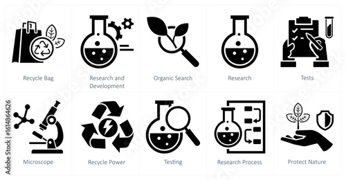 A set of 10 mix icons as recycle bag, research and development, organic search