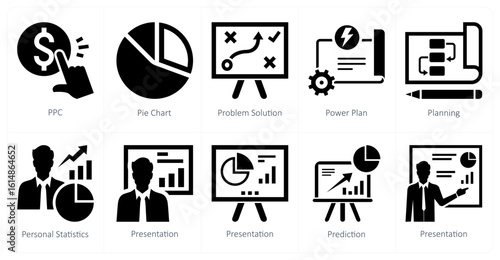 A set of 10 mix icons as ppc, pie chart, problem solution