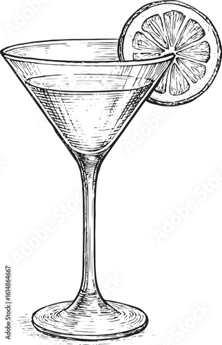 Hand Drawn Cocktail Martini Glass with Lemon Garnish