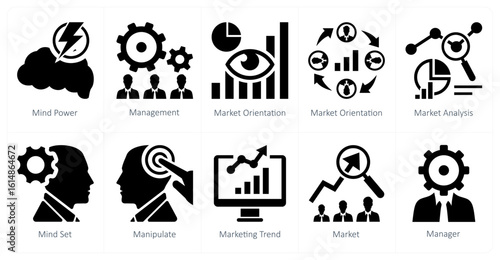 A set of 10 mix icons as mind power, management, market orientation