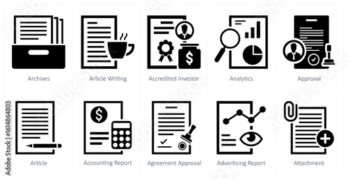 A set of 10 mix icons as archives, article writing, accredited investor