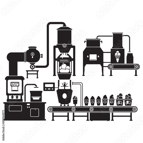 Ice cream production process illustrated in black and white showing factory machinery and confectionery products