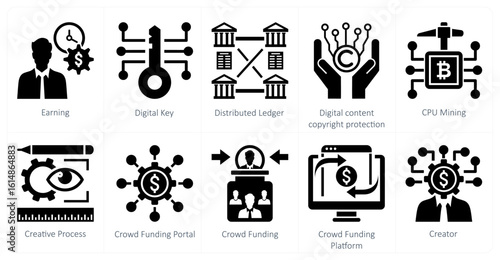 A set of 10 mix icons as earning, digital key, distributed ledger