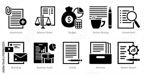 A set of 10 mix icons as attachment, balance sheet, budget
