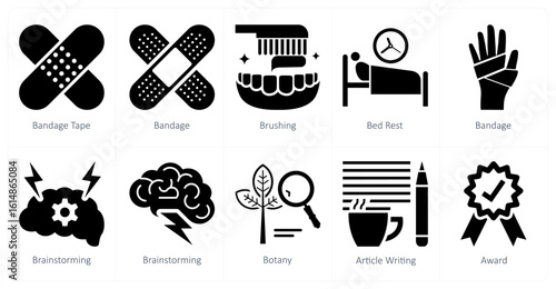 A set of 10 mix icons as bandage tape, brushing, bed rest