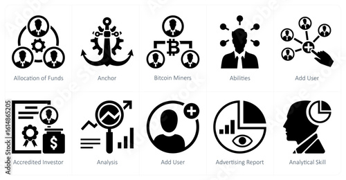 A set of 10 mix icons as allocation of funds, anchor, bitcoin miners