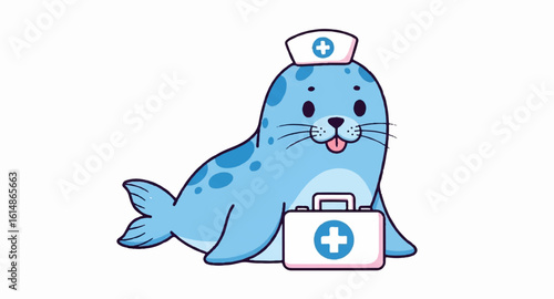 Cute Cartoon Blue Seal Nurse with First Aid Kit Isolated on White