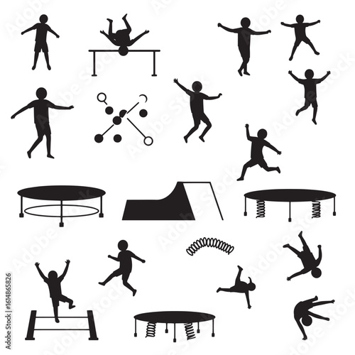 Silhouetted gymnasts and sports equipment featuring trampolines, balance beam, and more on white background