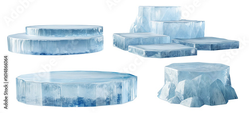 Collection of icy pedestal platforms with sharp edges in various geometric shapes and sizes