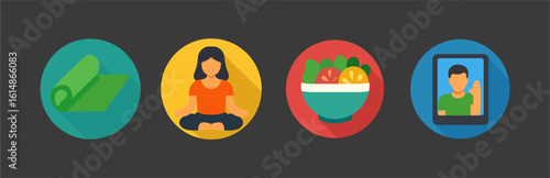 Flat Vector Icons of Healthy Habits: Yoga Mat, Meditation, Healthy Food, Online Therapy, Wellness, and Self-Care Elements