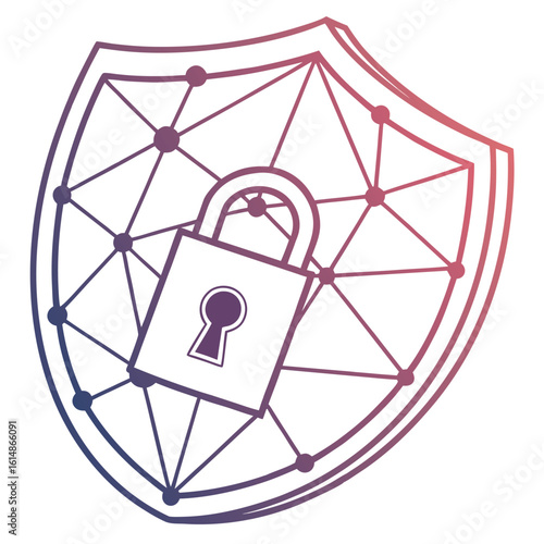 Illustration of a security shield with a network of connected dots and a padlock in the center front