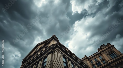 Precise architectural color photography, photorealistic style, sharp lines, detailed structures, wide-angle perspective showcasing a stormy sky, high tension